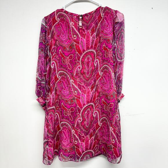 TIBI Women Pink Abstract Long Sleeve Cruved Neckline Mini Dress Size 6 - Picture 3 of 3
